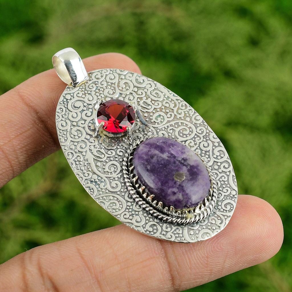 Lepidolite Gemstone Rubellite 925 Silver Sister Third Eye Chakra Pendant Jewelry