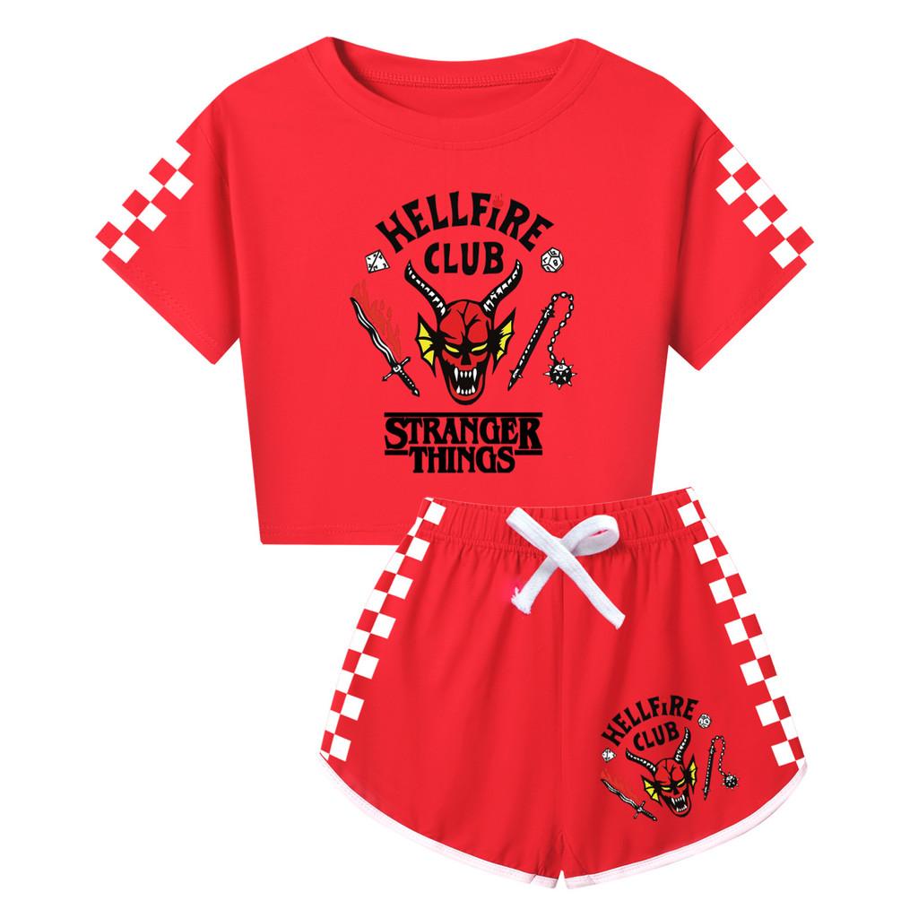 5253 Kinder Jungen Mädchen Stranger Print Kurzarm T-Shirt Hose Schlafanzug Schlafkleidung Set