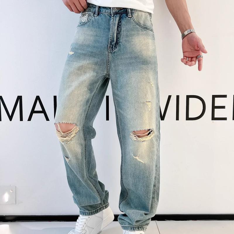 

2024 Мужские джинсы прямого кроя с потертостями синего цвета с рваными штанинами — универсальные, повседневные, свободного кроя для весны и осени 33 (Suitable for 145-155 lbs)