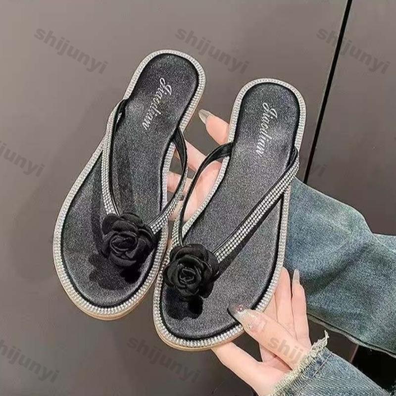 Fashion Women's Flip Flops 2025 Summer Outdoor Flat Fashion Rhinestone Flower Beach Shoes Soft Sole Lightweight Comfortable Casual Shoes