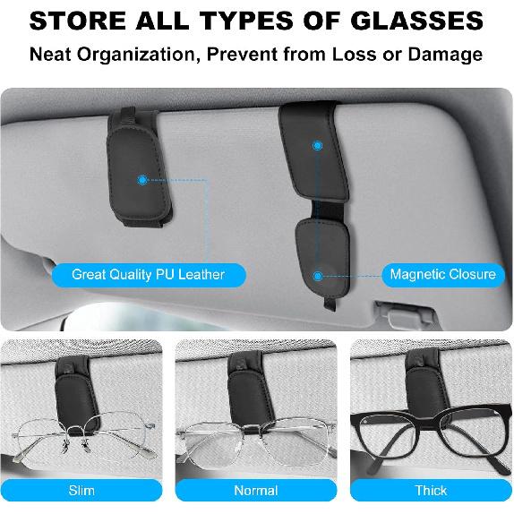 Teraves 2 Pack Sunglass Holder Clip For Car Visor, Upgrade Magnetic Leather Visor Sunglasses Clip, Easy To Hold Your Glasses Eyeglasses