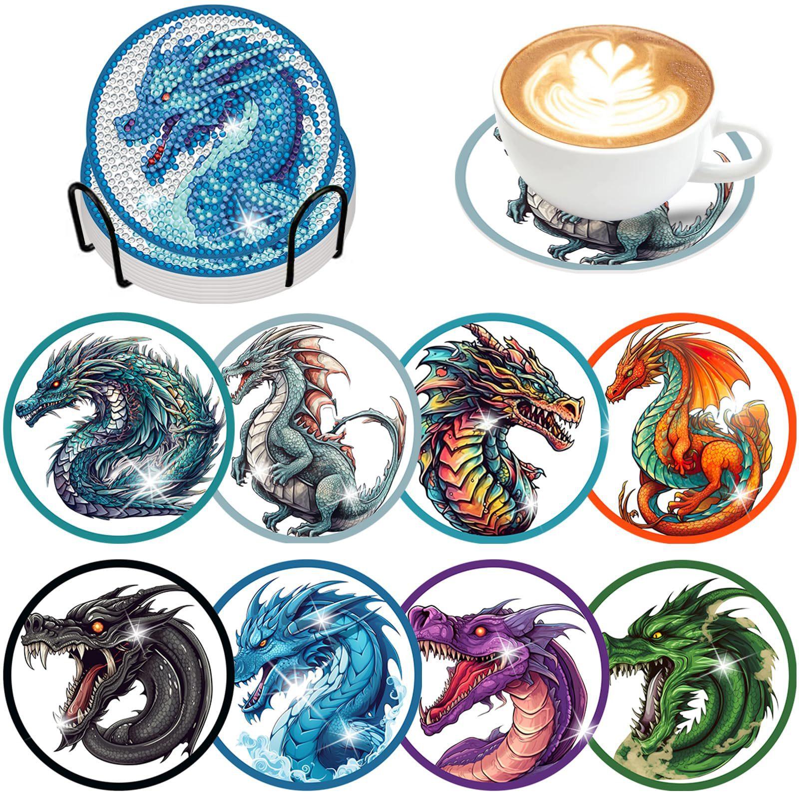 

Diamond Painting Coaster Dragon Animals Diy 8pcs Set 5D Diamond Art Accessories Kitchen Ware Waterproof Cup Mat Diy Kits 10x10cm