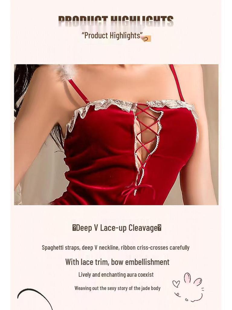 Velvet Embroidery Lace Bunny Girl Lingerie Set - Seductive, See-Through Christmas Uniform