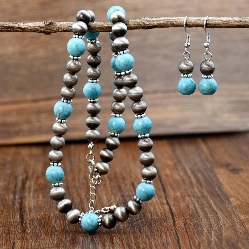 GemChic Women's New Vintage Turquoise Beads Chain Necklace Earrings Two Piece Set Ethnic Birthday Christmas Jewelry Gift