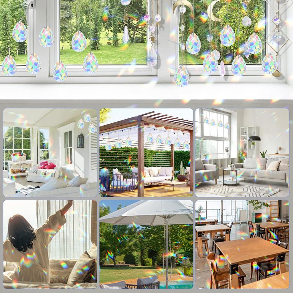 12pk Suncatcher Crystals (38x24mm) - Hanging Prisms for Windows & Gardens + 18m Cord