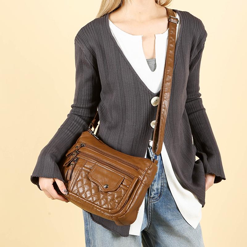 Middelaldrende og eldre kvinners veske skulderveske vintage mykt skinn mammaveske lett crossbody-veske