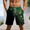 Men Plus Size Green Black Printed Beach Shorts Drawstring Waist Side Pockets Straight Leg