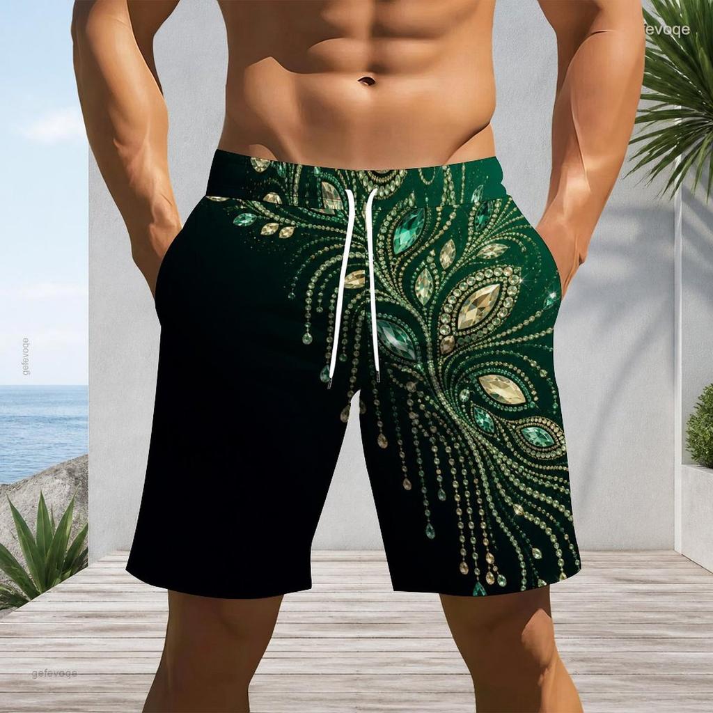 Men Plus Size Green Black Printed Beach Shorts Drawstring Waist Side Pockets Straight Leg
