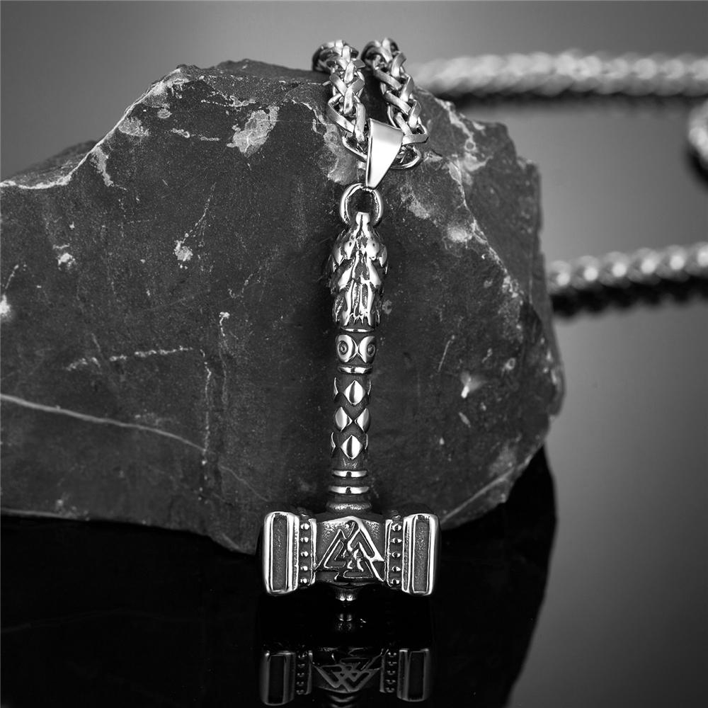 Thor Hammer Pendant Necklace Stainless Steel Viking Amulet Norse Rune Mjolnir Jewelry Gift for Men