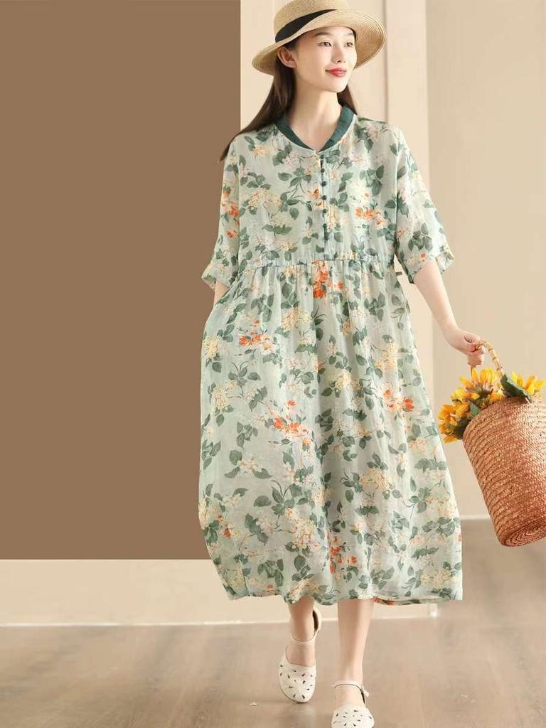 Johnature Women Vintage Dress Print Floral High Quality Stand Half Sleeve Chinese Style Cloths Summer Dress