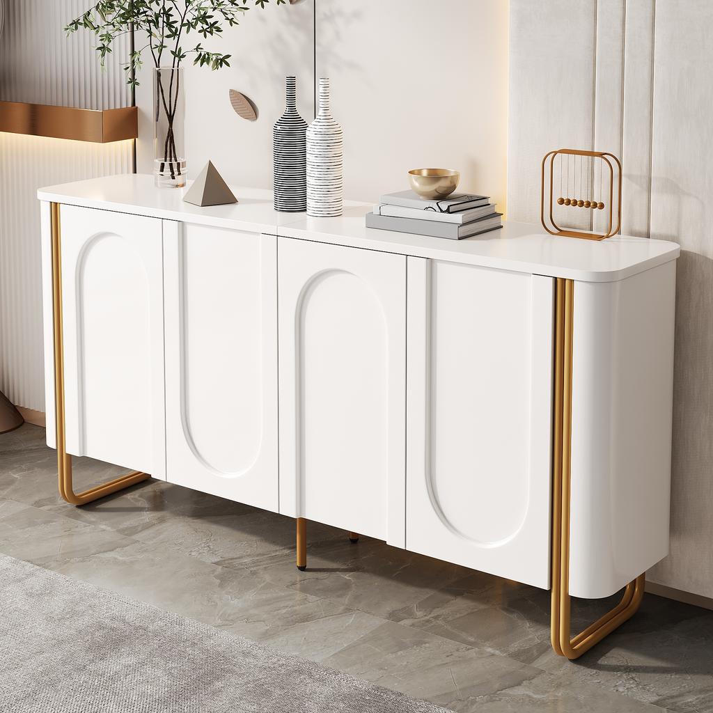 Sideboard Buffet MDF Iron Feet 4 Doors Arch Relief Rounded Corners Push-to-Open Staggered Storage Living Room