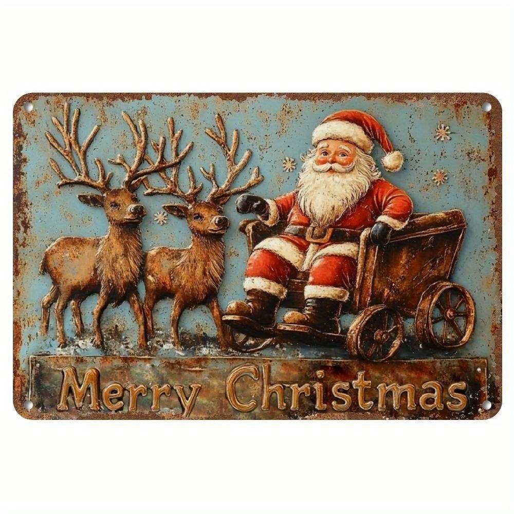Vintage Santa & Deer Sleigh Metal Sign - Rustic Snowflake Christmas Wall Decor, Easy-Hang Holiday Gift for Home Porch Cafe Ba