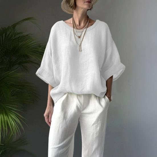 Women Tops Round Neck Half Sleeve Loose Fit Pullover Tops Pure Color Soft Fabric Casual Blouse Daily Wear
