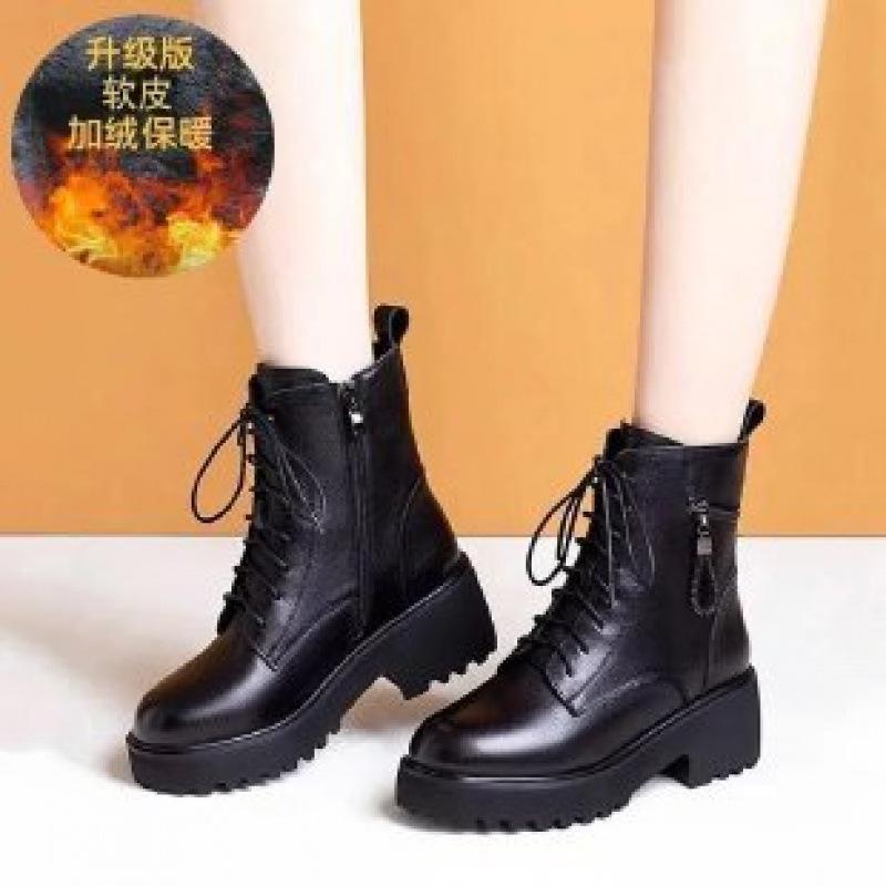 Weiches Leder flauschige Schneestiefel Damen 2025 neu dick Absatz Baumwollstiefel Winter dicksohlige gefütterte verdickte flauschige Baumwollschuhe