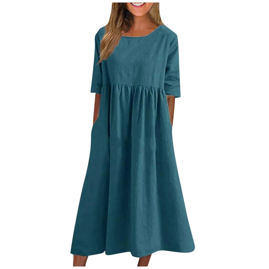 Damen Sommer Farbe Rundhals Halbarm Langes Farbe Kleid Lässig
