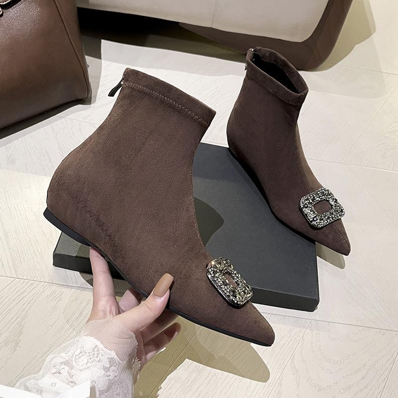 Inner height increase pointed thin boots short boots women's autumn and winter new suede elastic boots French foreign versatile small naked boots
