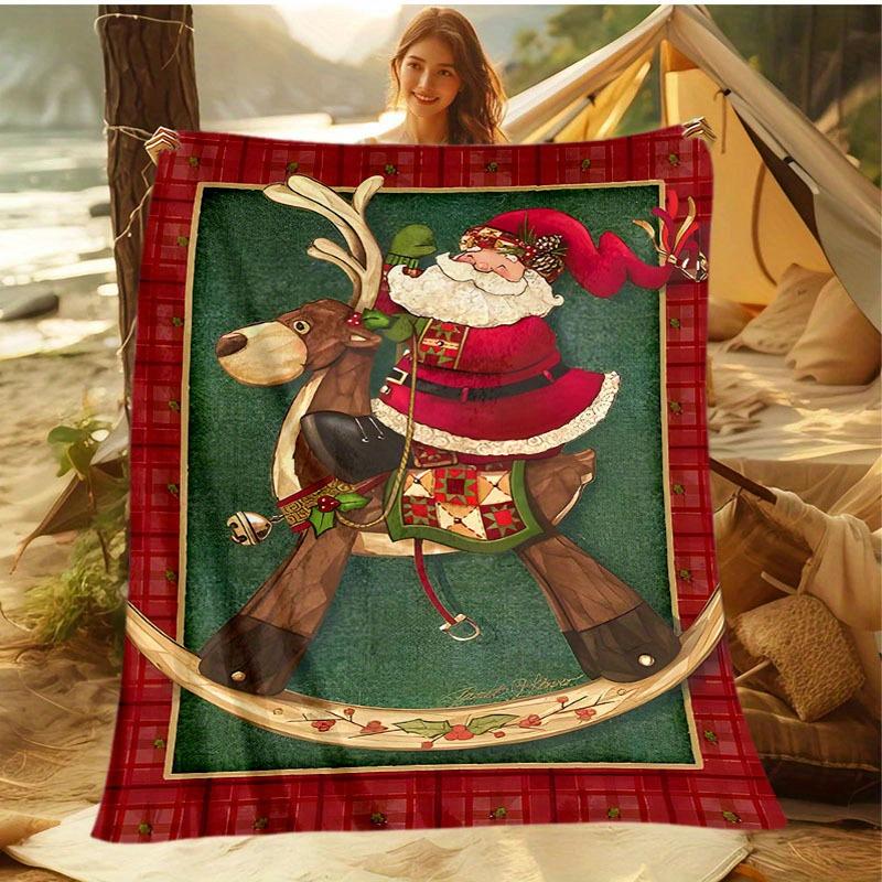Christmas Santa Claus Reindeer Throw Blanket -  Polyester Flannel Knitted, Digital Print, Stain-Resistant, All-Season Cozy 75X95CM