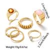 6Pcs/Set 2026 New Brown Stone Widened Opening Rings Set for Women Simple Twisted Lines Personality Finger Rings Party Jewelry