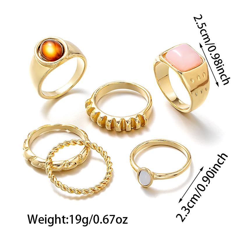 6Pcs/Set 2026 New Brown Stone Widened Opening Rings Set for Women Simple Twisted Lines Personality Finger Rings Party Jewelry