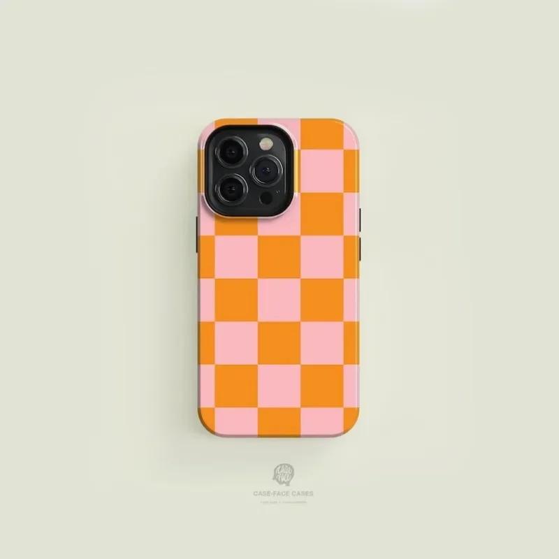 

Checkered Pink Orange Phone Case for iPhone 16 15 14 13 12 11 Pro Max Plus Luxury Magnetic Double-layer Back Cover iPhone 11