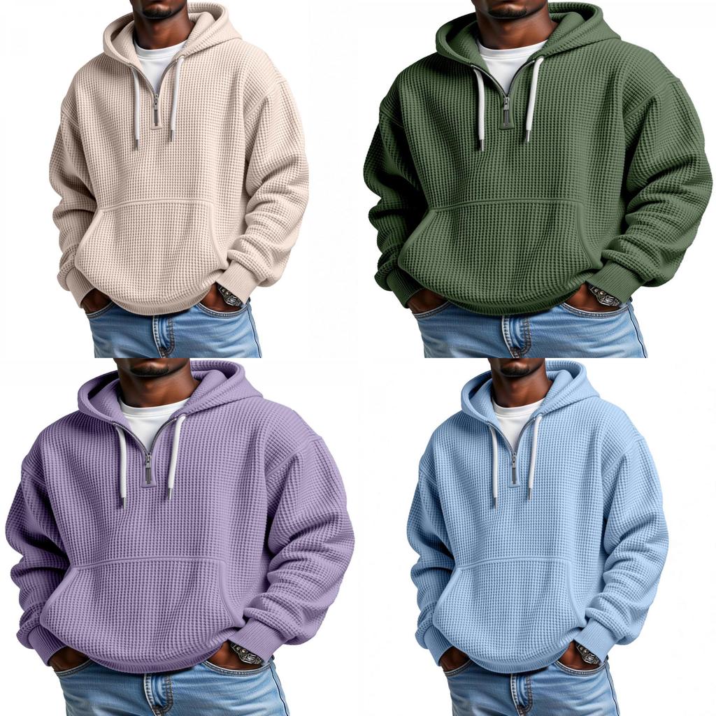 Fall Winter Fashion Mens Hoodie With Waffle Knit Fabric For Casual Streetwear