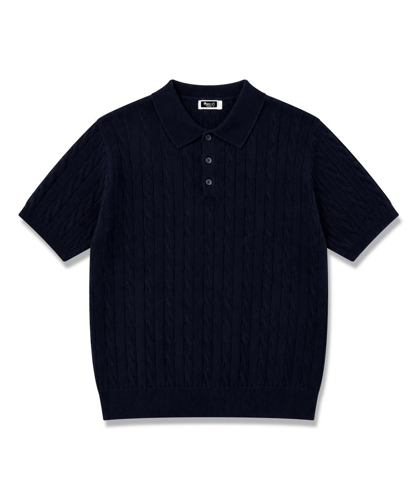 ORIGINALDAY Cotton Cable Short Sleeve Collared Knit Navy