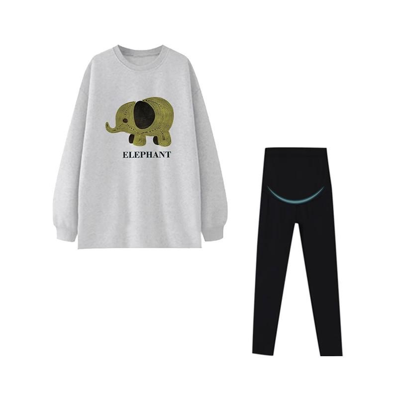 2025 Spring-Autumn Maternity Two-Piece Set: Grey & White Elephant Slit Sweatshirt with Long Sleeves