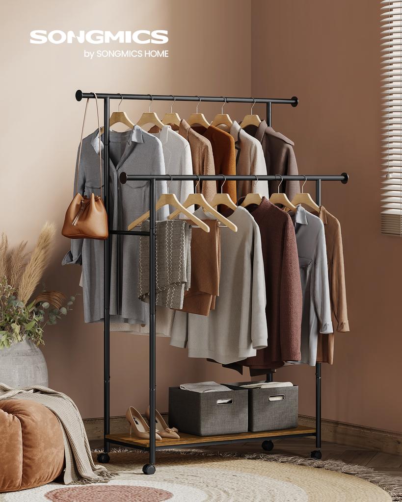 SONGMICS HOME Clothes Rack, Clothing Rack On Wheels, Portable Garment Rack, with 1 Clothes Hanging Rail, Matchstick-Shaped Hooks