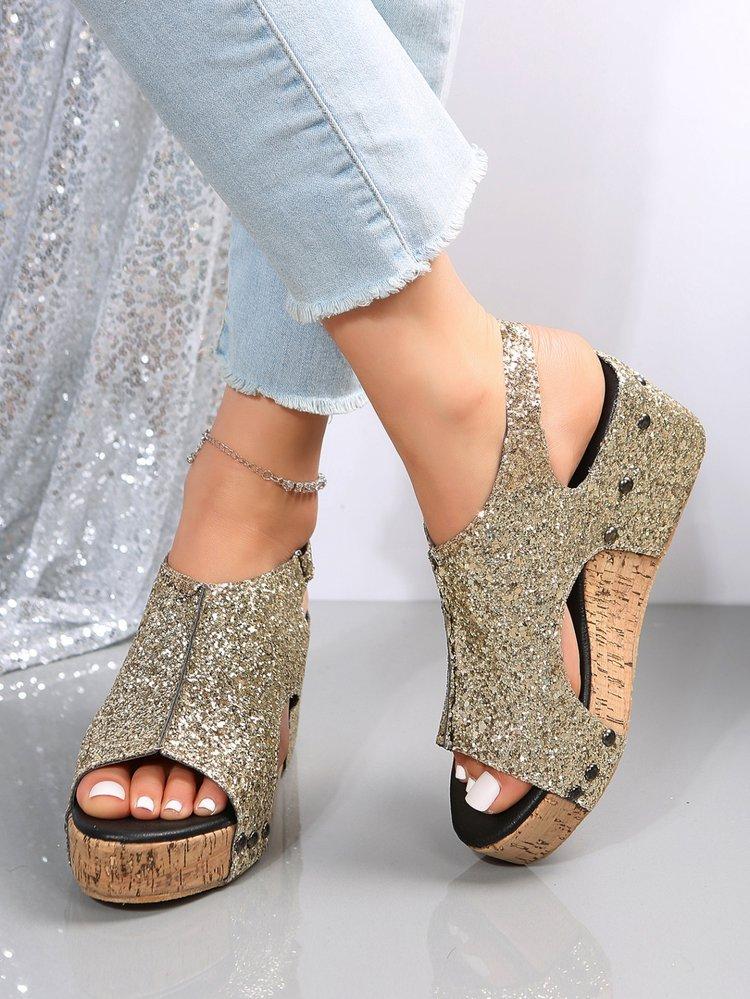 Roman Sandals Women Sequins Flat Slope Heel Thick Bottom Sandals Ladies