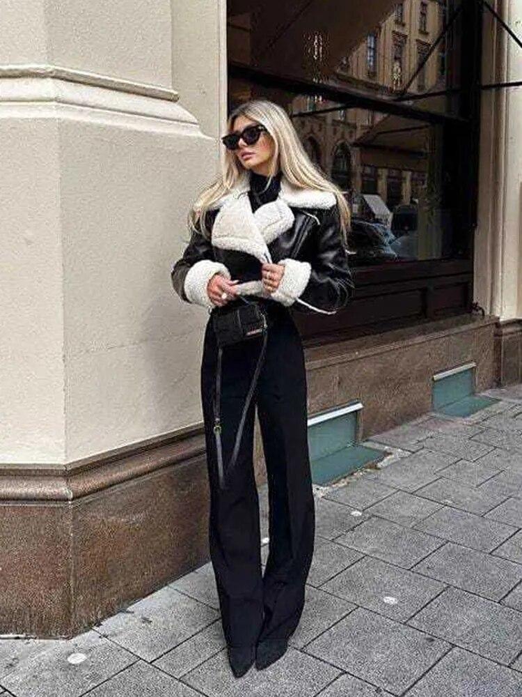 Abrigo corto de lana de cordero con solapa para mujer, chaqueta de mujer con cremallera de doble cara para otoño e invierno, Tops gruesos y cálidos de lana para mujer, prendas de vestir