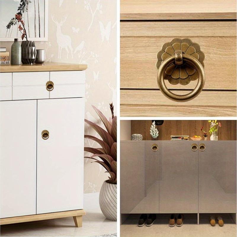4Pcs Antique Brass Matte Metal Ring Pulls, Vintage Cabinet Knobs Handles for Drawer Closet Cupboard, Small Metal Ring Style Drawer Pulls