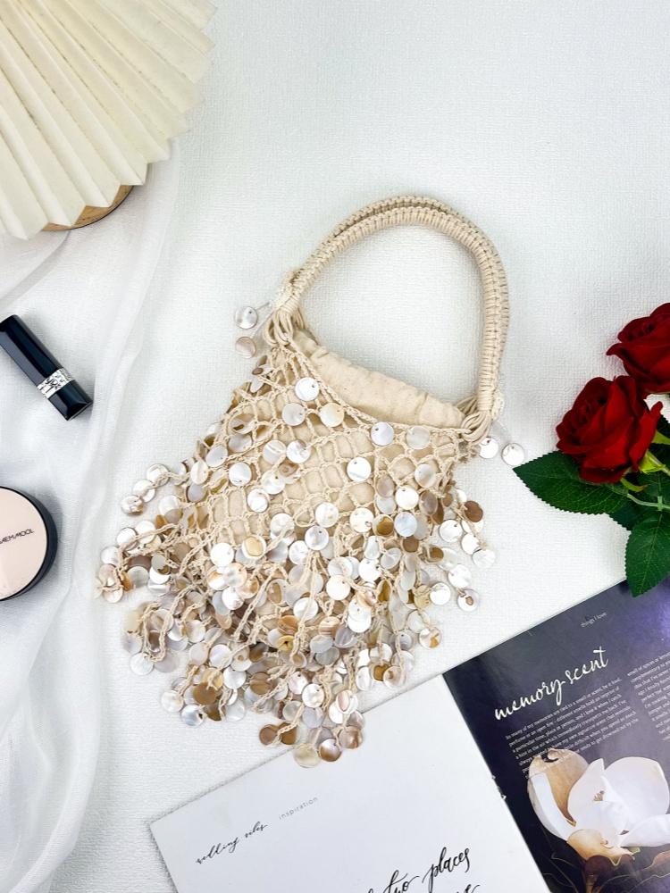 Bohemian Style Natural Shell Piece Woven Armpit Bag Women Casual Seaside Beach Vacation Handmade Bead Tassel Mesh Handbag