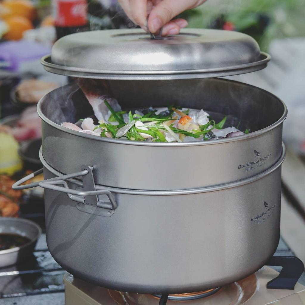 Boundless Voyage Titanium Hanging Pot and Steamer Cookware Set with Folding Camping Hanging Large Suitable for Outdoor Camping Storage Bag Included
