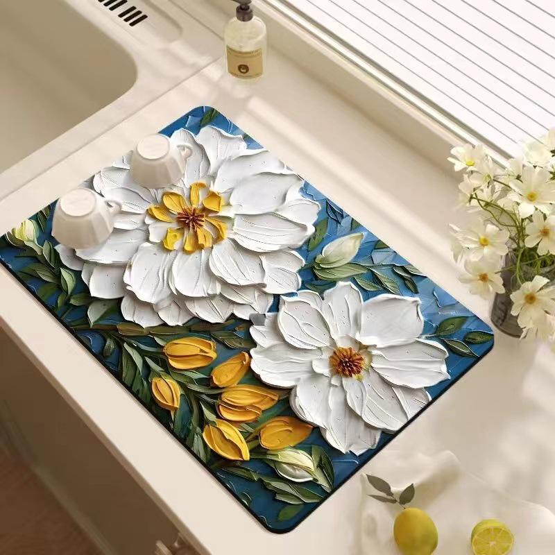Oil Painting Style Floral Water-Absorbent, Stain-Resistant Kitchen Mat – Heat Insulation, Wear-Resistant, Easy-Clean Draining Mat