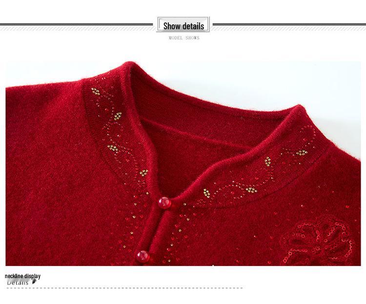 Benmingnian Red Wool Sweater for Middle-Aged Women - Plus Size Autumn/Winter Fashion Pullover