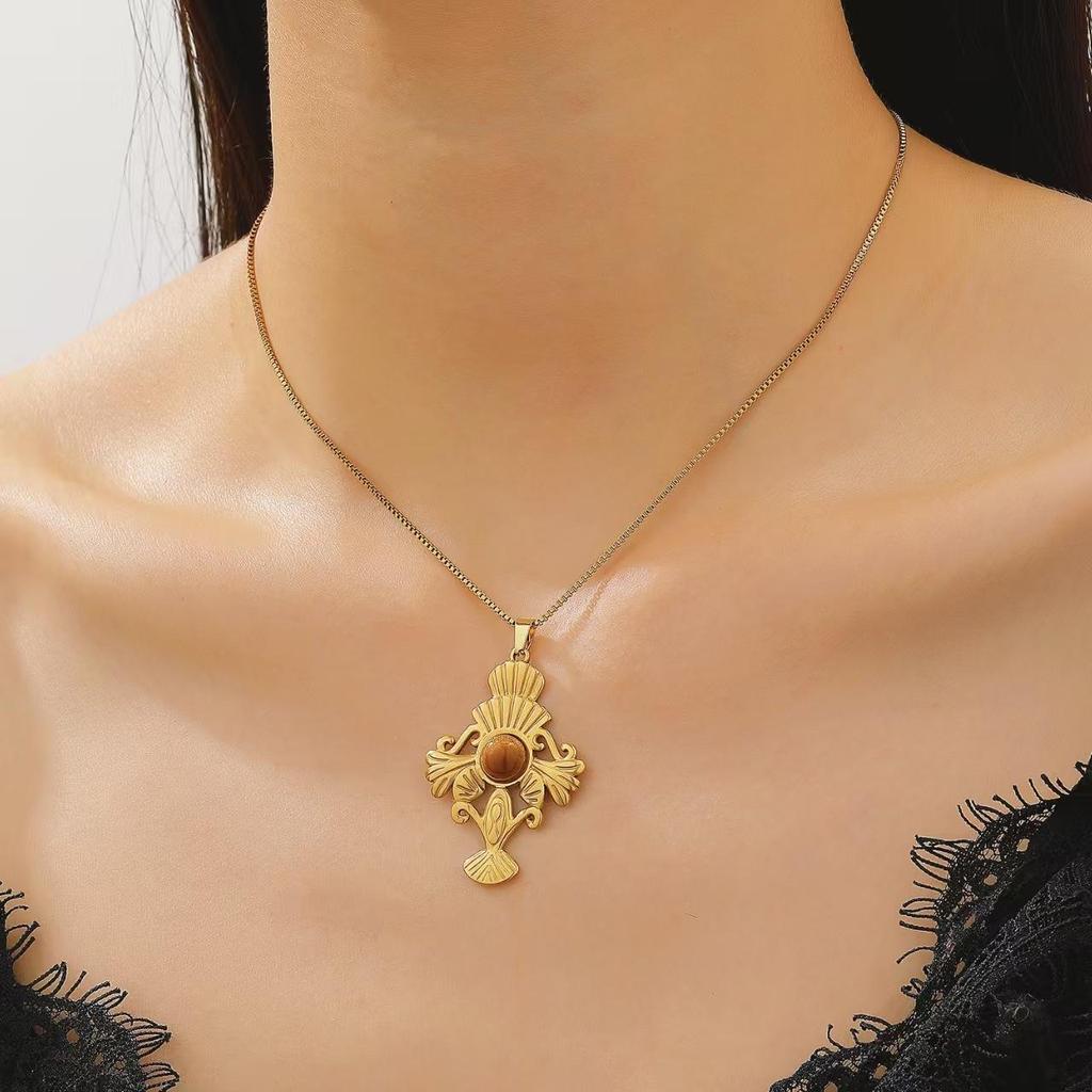 Fashion Geometry Stainless Steel Imitation Tiger Eye Stone Necklace Pendant Sweater Chain