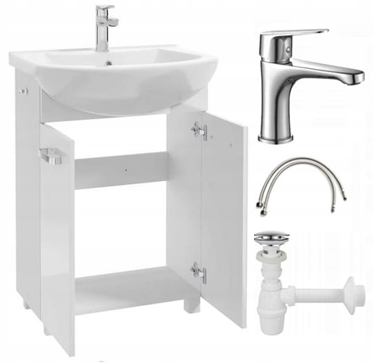 Bathroom cabinet with a washbasin on legs 85x60, standing white Mila with an elongated chrome tap