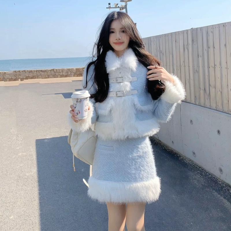 

Winter New Blue Long-sleeved Thickened Jacket Top and A- Line Short Skirt Suit S