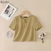 Women Casual V-Neck Solid Color Loose Short Sleeve Blouse