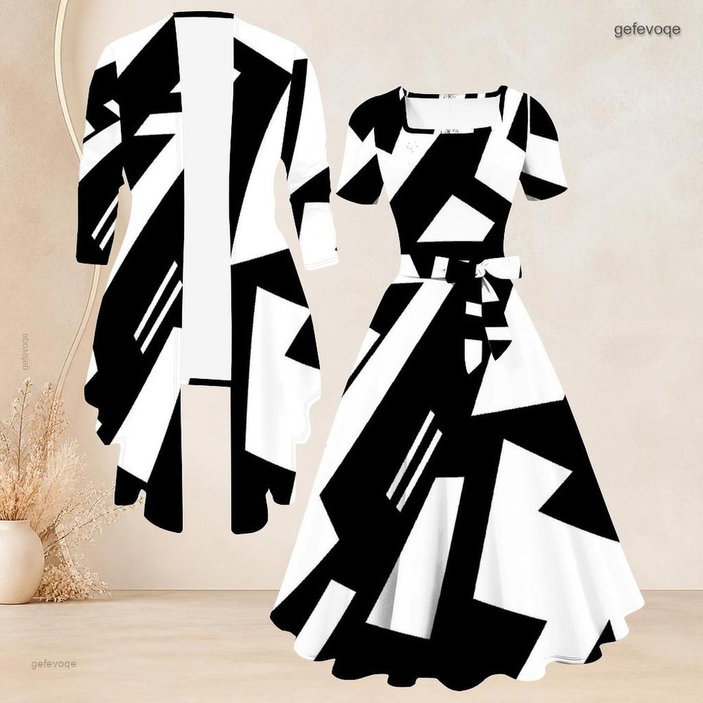 Women Plus Size Two Piece Set Square Neck Short Sleeve Tie Waist Printed Flared Dress 3 4 Sleeve Black White Cardigan