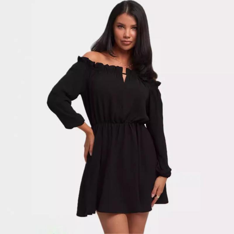 Women's Off-Shoulder Mini Dress Smocked Waist Long Sleeve Casual Fashion Gown