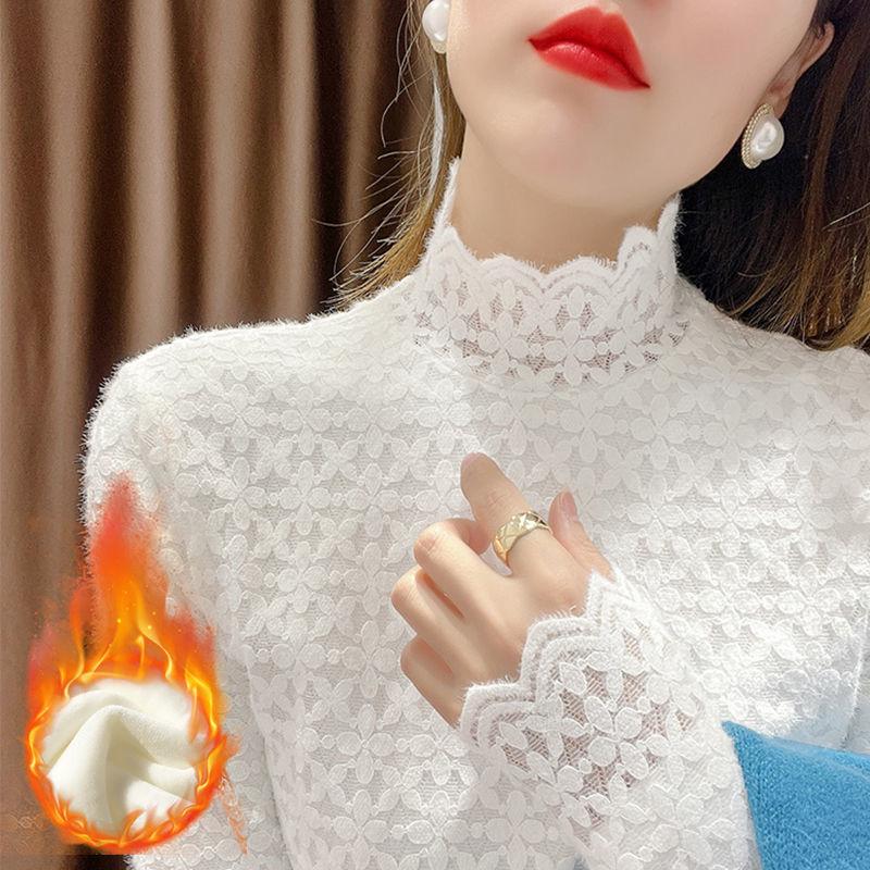 Dámský zimní top s krajkou a vysokým límcem, zateplený fleecem, slim fit - Hřejivý a všestranný