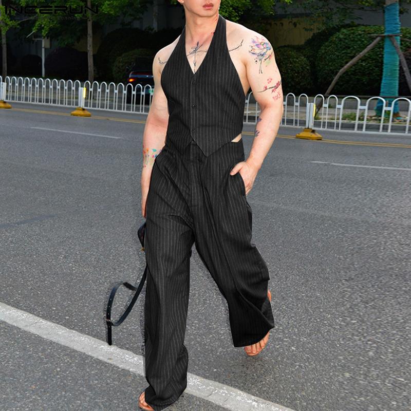 INCERUN Two Pieces Men Halter Neck Sleeveless Vest and Zipper Up Long Suit Pants Sets