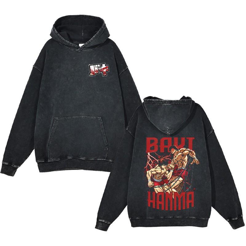 Baki Hanma Anime Streetwear Hoodie Heavyweight Cotton Washed Vintage Style Mens Long Sleeve Pullover