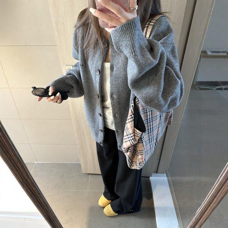 

Уютный серый вязаный кардиган для кореянок - Осенне-зимнее пальто-свитер свободного кроя XL (suitable for 125-135 jin)