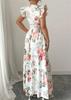 Women's Floral Print Maxi Dress V Neck Ruffle Sleeve Elastic Waist Summer Beach Dress Casual Vacation Dress