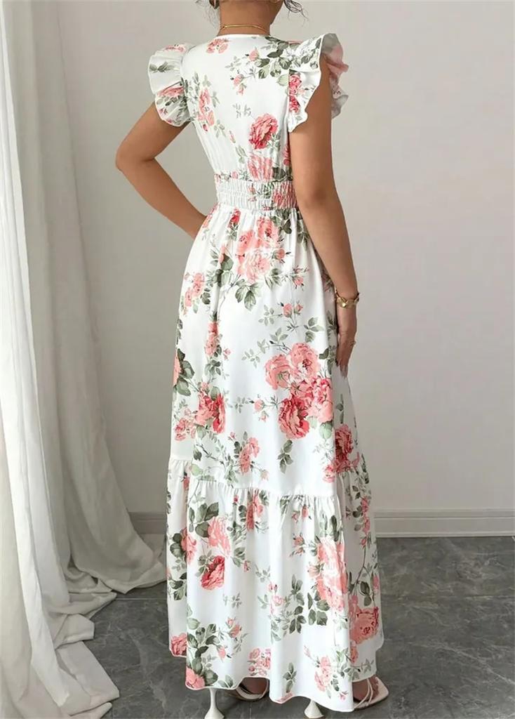 Women's Floral Print Maxi Dress V Neck Ruffle Sleeve Elastic Waist Summer Beach Dress Casual Vacation Dress