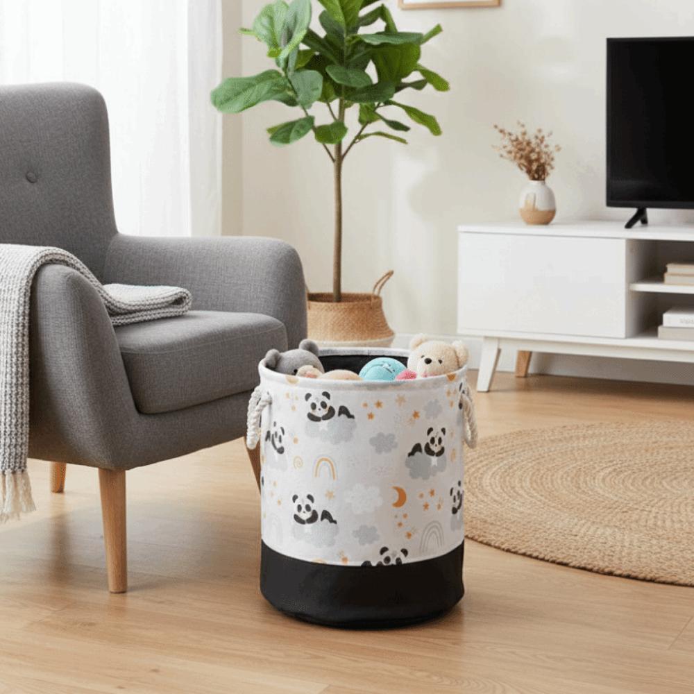 Cute Cartoon Toys Storage Basket Portable Large Capacity Canvas Laundry Basket with Handle Foldable Organizer Basket Playroom