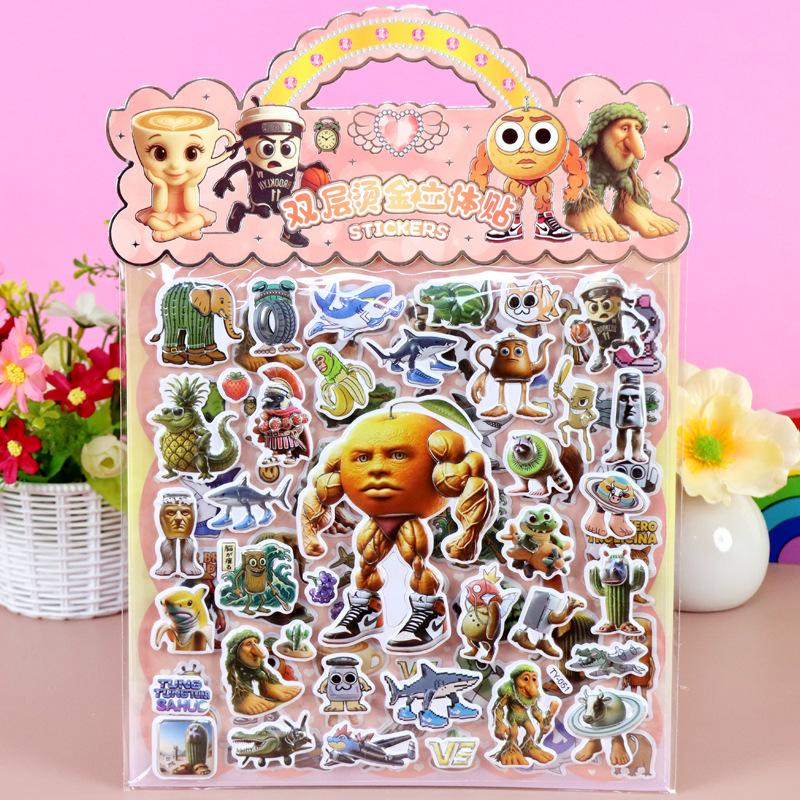 1 Sheet Diy Bike Laptop Tung Tung Tung Sahur Double Layered 3D Decals Italian Brainrot Animals Bubble Stickers For Kids Gift