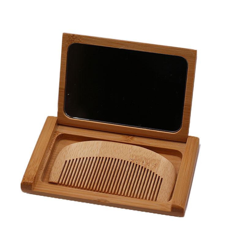 Custom Logo Luxury 2 In 1 Wooden Comb Mirror Set Vintage Foldable Pocket Mirror with Comb Travel Portable Hair Comb with Mirror
